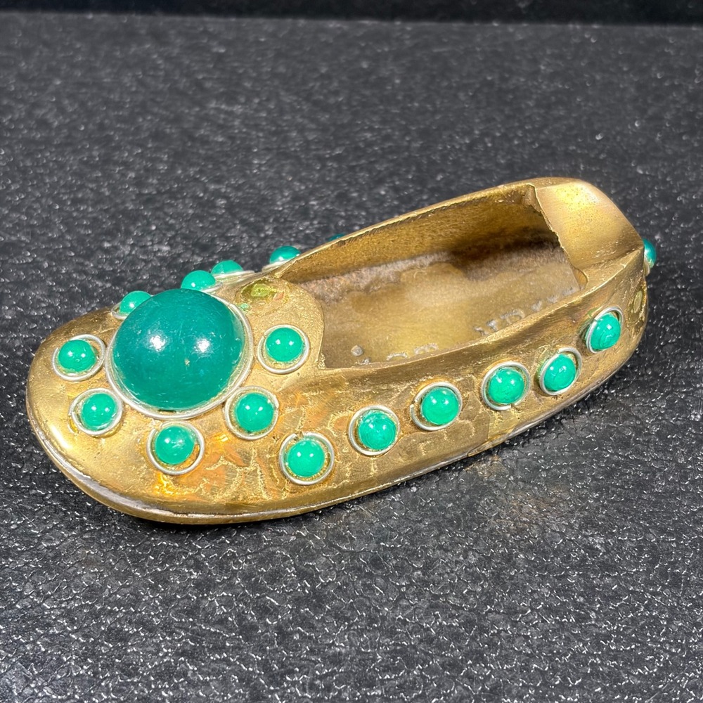 Vintage Istanbul Brass Slipper Ashtray Green Cabochon Turkish Shoe Decor